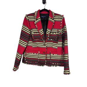 Jones NY Striped Western Jacket 10 Red Southwest Textured Fringe Boho Funky Chic